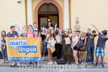 Group photo of teenage English language students outside our school in Malta