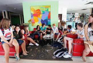 English language students in the junior school residence lobby