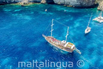 A Turkish gullet in Crystal Bay, Comino