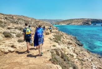 English language students walking next to the Blue Lagoon