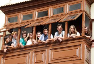Teen students on a school balcony