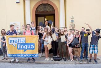 Group photo of teenage English language students outside our school in Malta